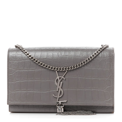 Saint Laurent SAINT LAURENT Calfskin Crocodile Embossed Medium Classic Monogram Kate Tassel Satchel Fog 1 of 13