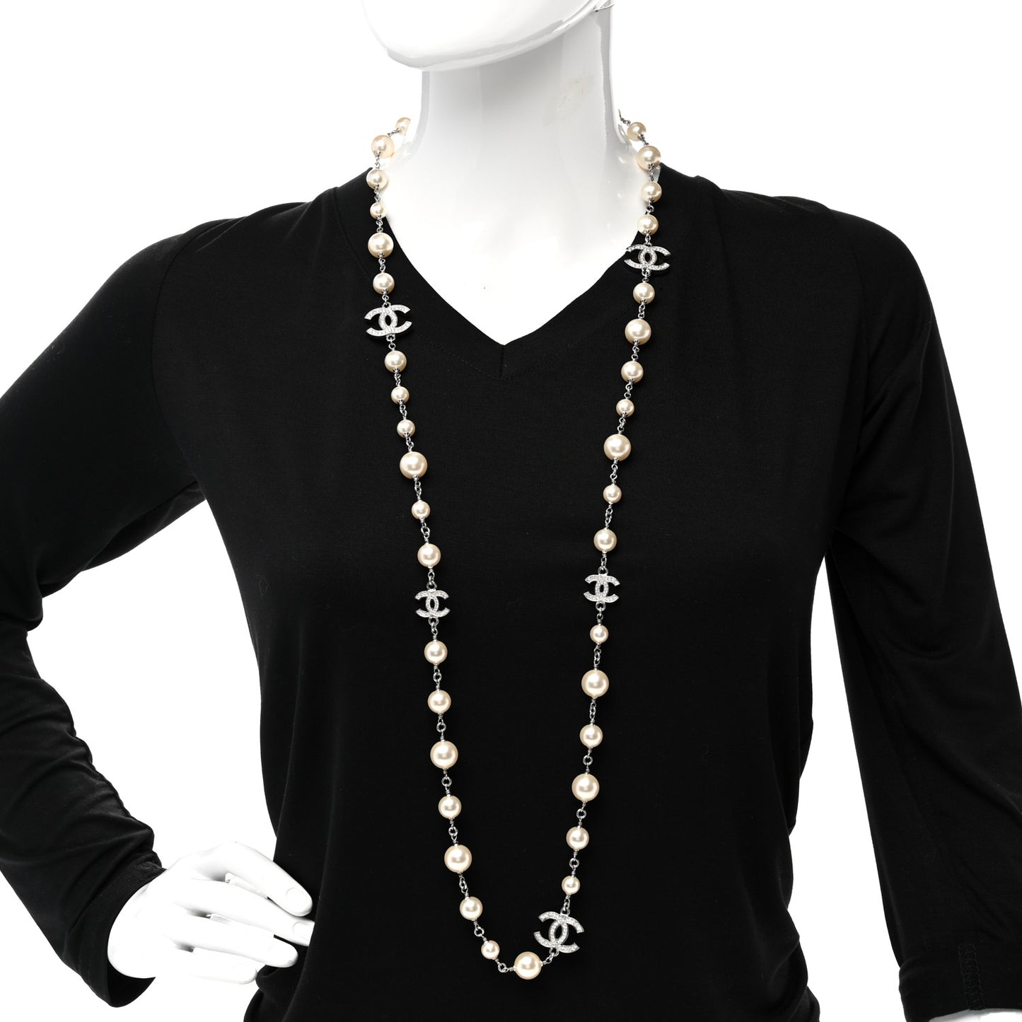 Crystal Pearl CC Long Necklace Silver