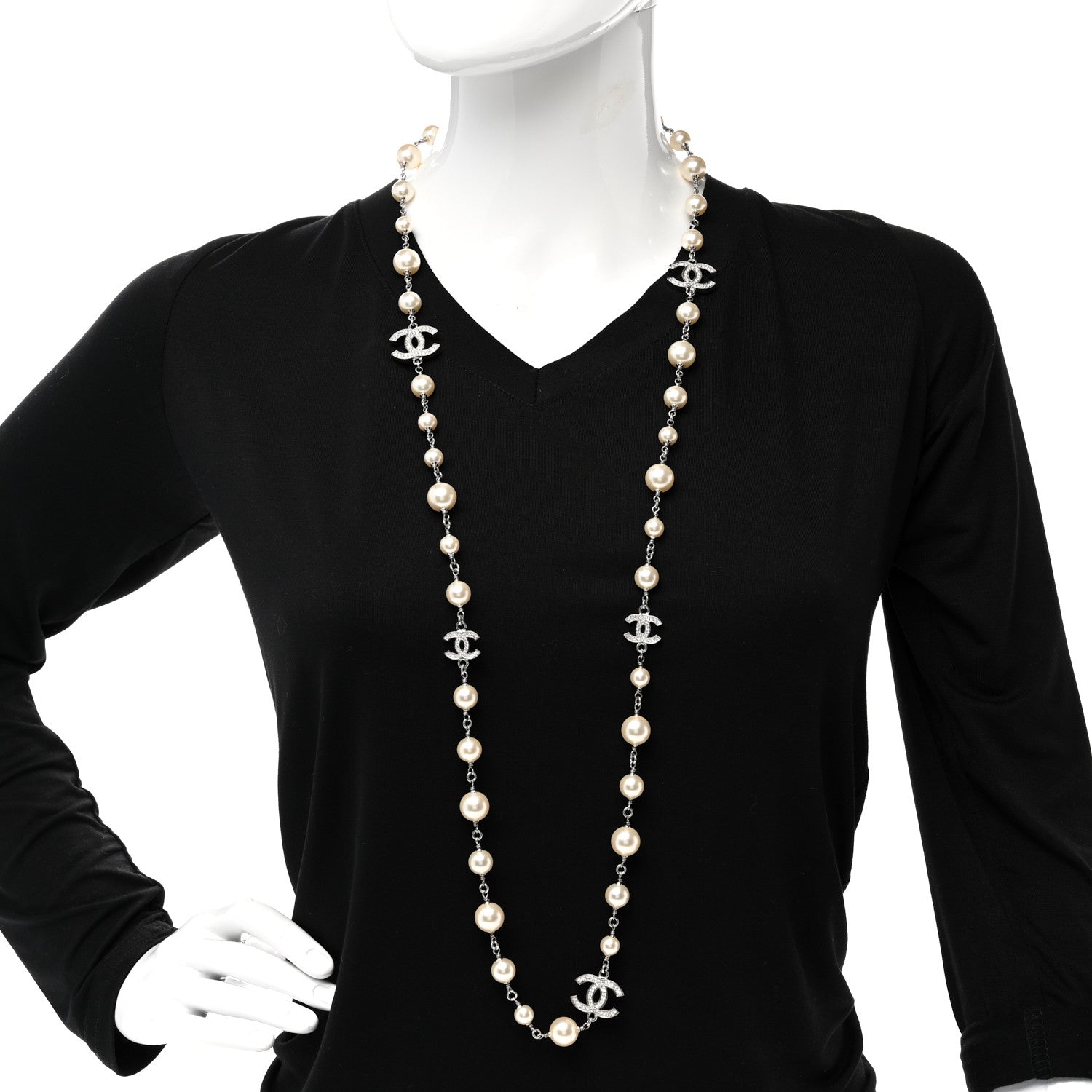 Chanel Crystal Pearl CC Long Necklace Silver 2 of 7