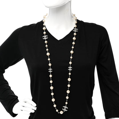 Chanel Crystal Pearl CC Long Necklace Silver 2 of 7
