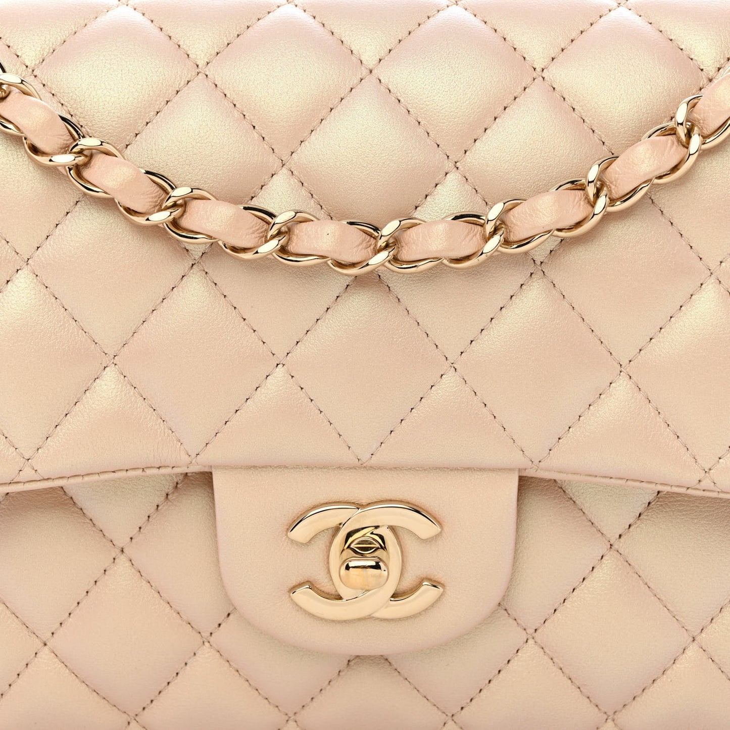Iridescent Calfskin Quilted Medium Double Flap Beige