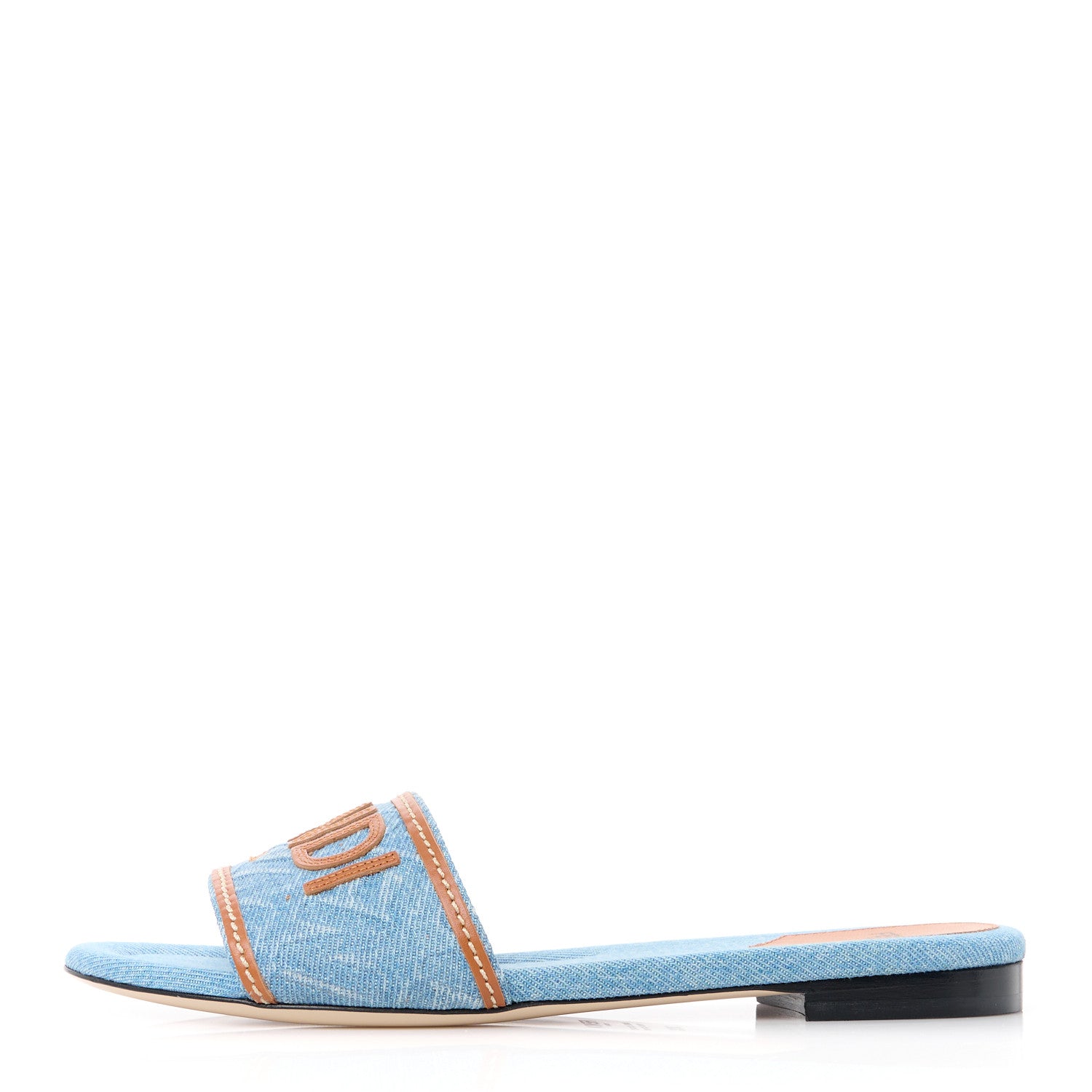 Fendi Denim Print Logo Flat Slide Sandals 38.5 Denim Brandy 1 of 8