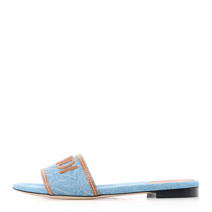 Fendi Denim Print Logo Flat Slide Sandals 38.5 Denim Brandy 1 of 8
