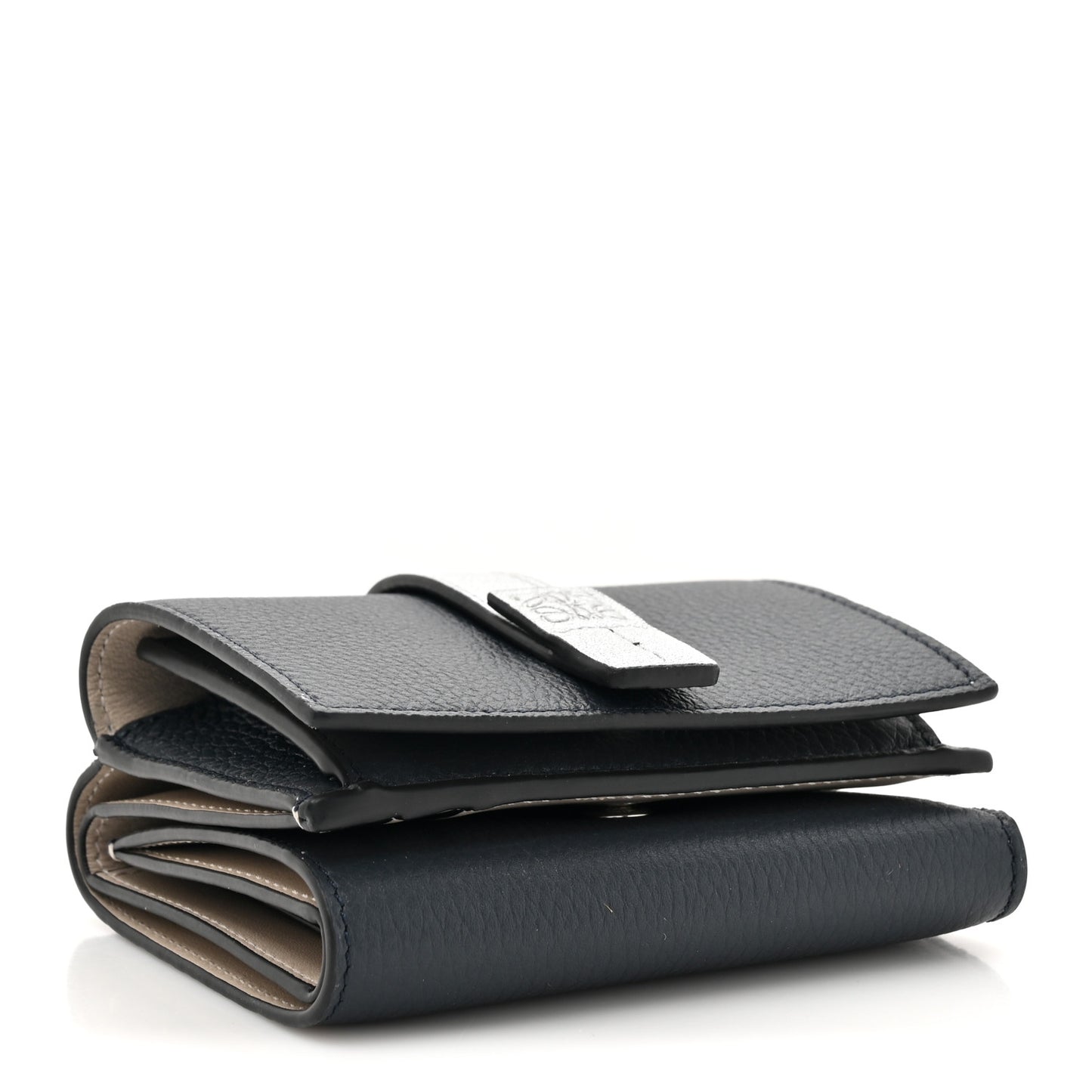 Grained Calfskin Anagram Trifold Wallet Dark Navy Silver