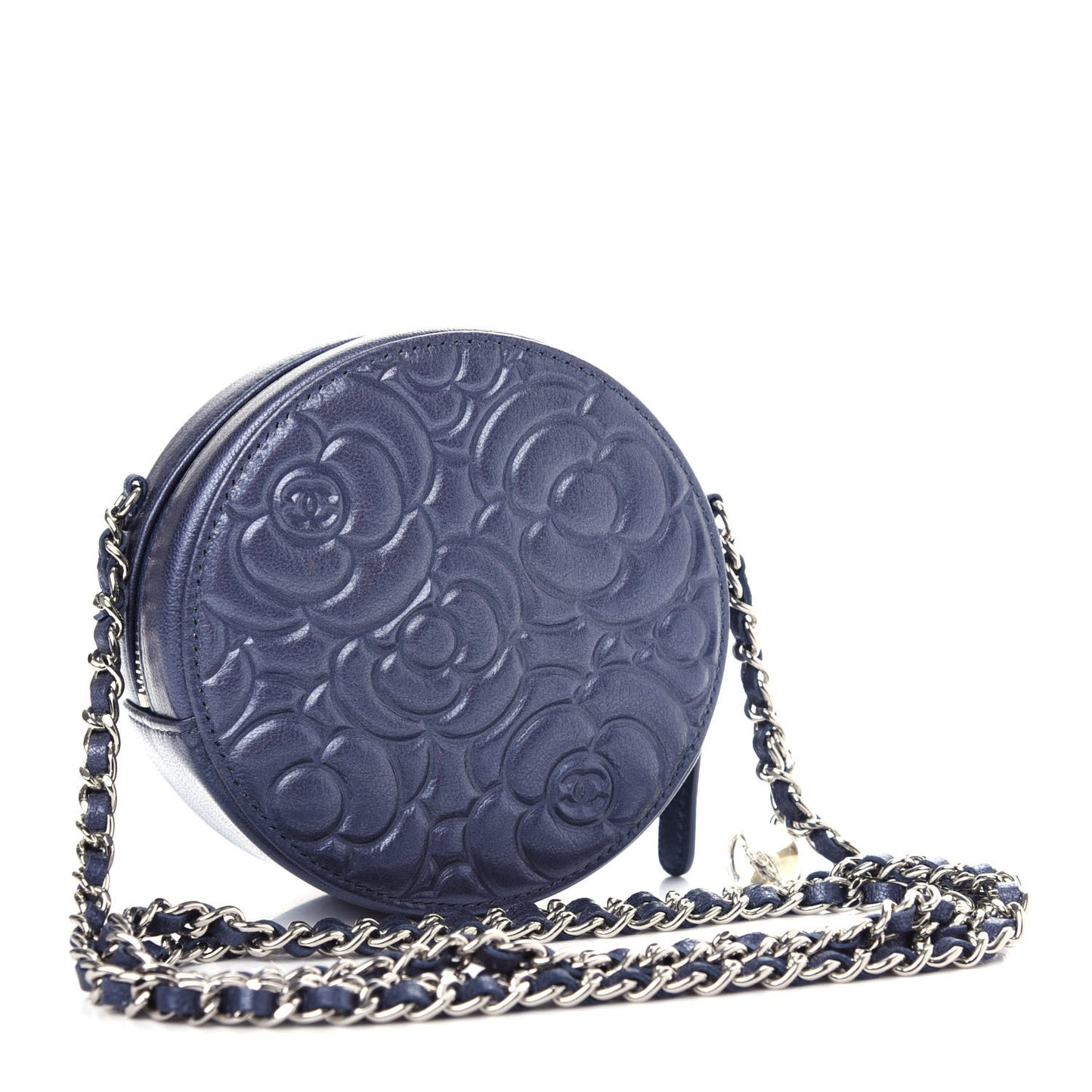 Goatskin Camellia Embossed Round Clutch With Chain Dark Blue