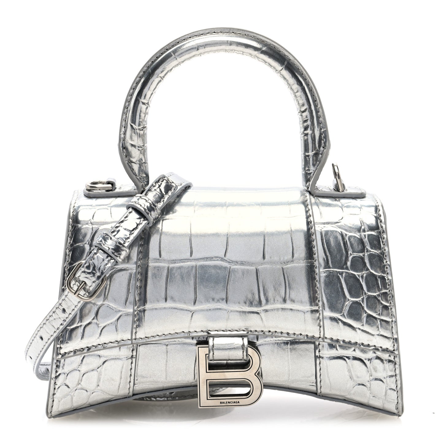 Metallic Calfskin Crocodile Embossed Hourglass Top Handle Bag XS Silver