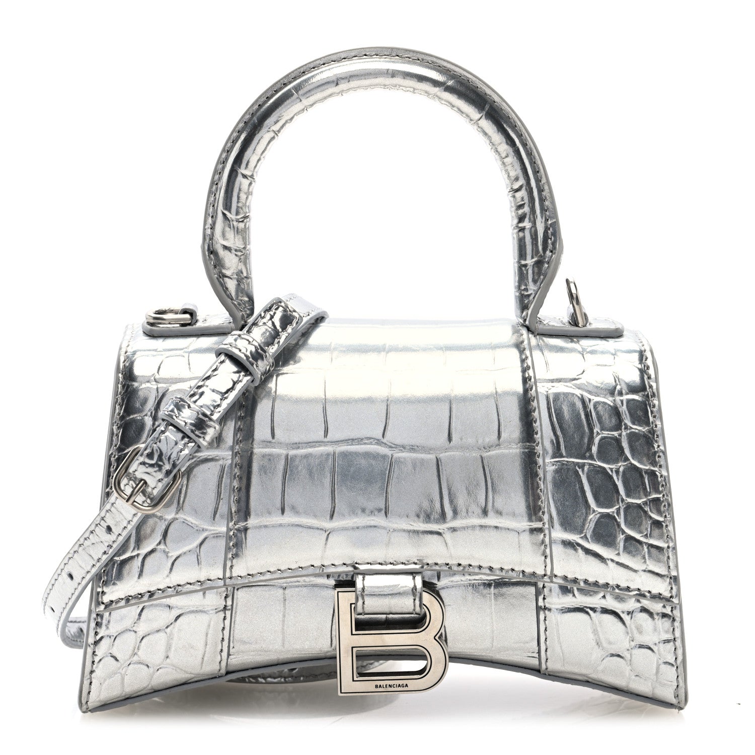 Balenciaga Metallic Calfskin Crocodile Embossed Hourglass Top Handle Bag XS Silver 1 of 9
