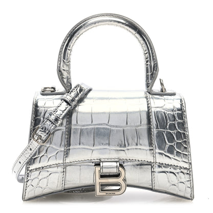 Balenciaga Metallic Calfskin Crocodile Embossed Hourglass Top Handle Bag XS Silver 1 of 9