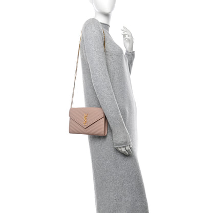 Saint Laurent Grain De Poudre Matelasse Chevron Monogram Chain Wallet Pale Pink 2 of 16
