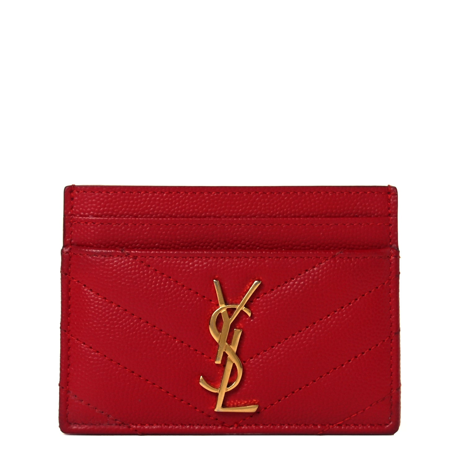 Saint Laurent Grain De Poudre Matelasse Chevron Monogram Credit Card Case New Red 1 of 7