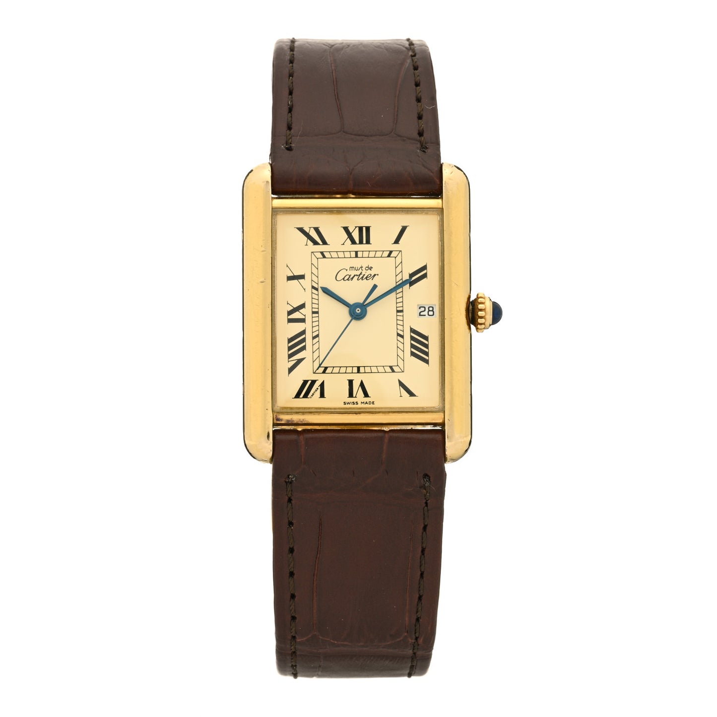 Sterling Silver Vermeil Alligator 24mm Must de Cartier Tank Quartz Watch Brown