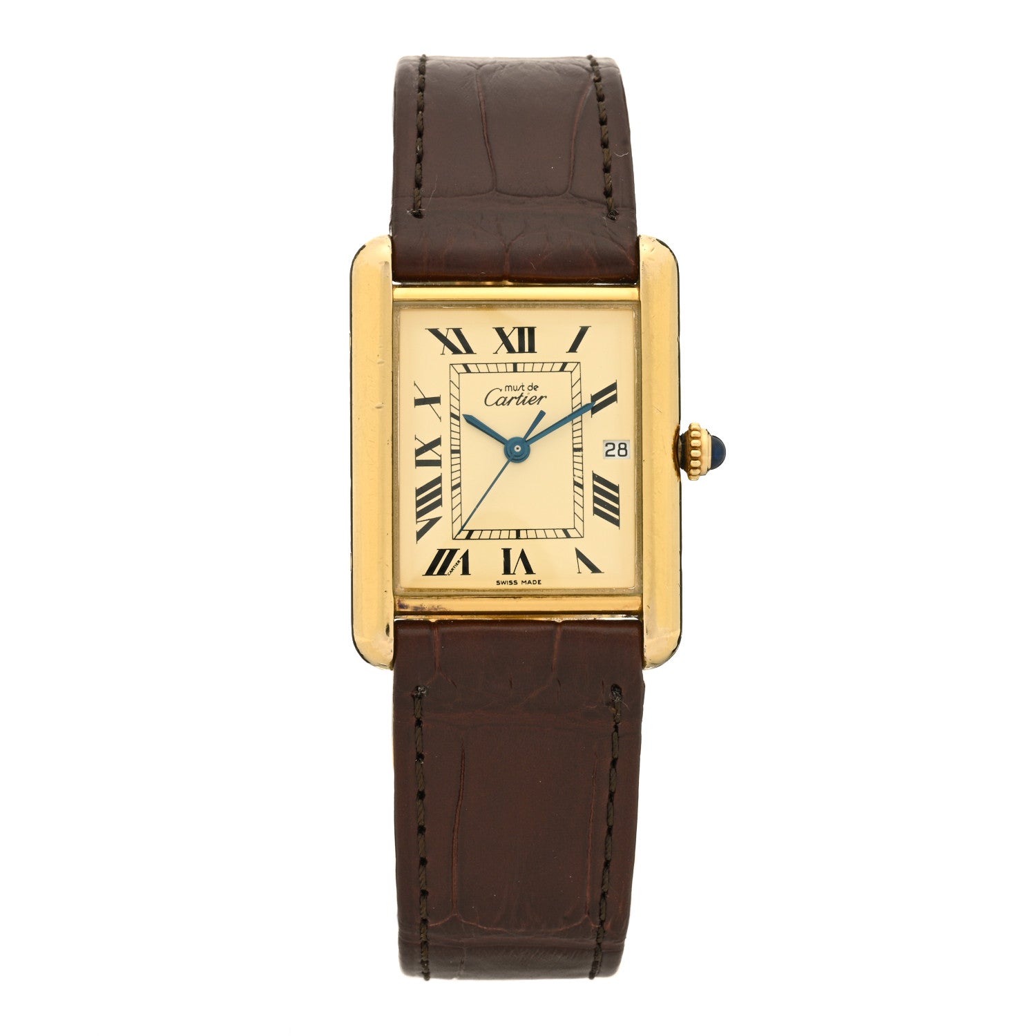 Cartier Sterling Silver Vermeil Alligator 24mm Must de Cartier Tank Quartz Watch Brown 1 of 4