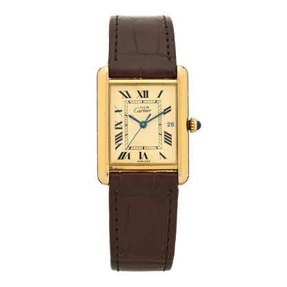 Cartier Sterling Silver Vermeil Alligator 24mm Must de Cartier Tank Quartz Watch Brown 1 of 4