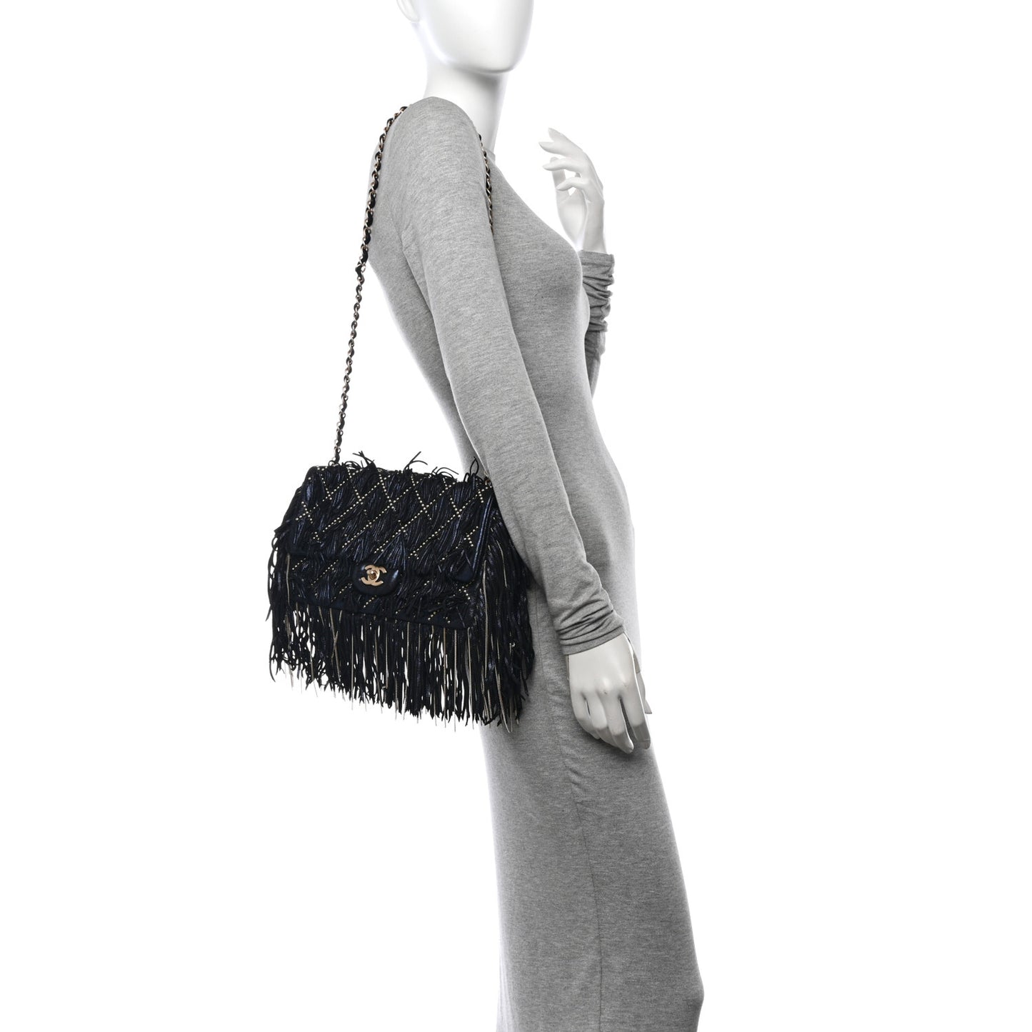 Iridescent Calfskin Quilted Studded Paris Dallas Fringe Chain Flap Blue