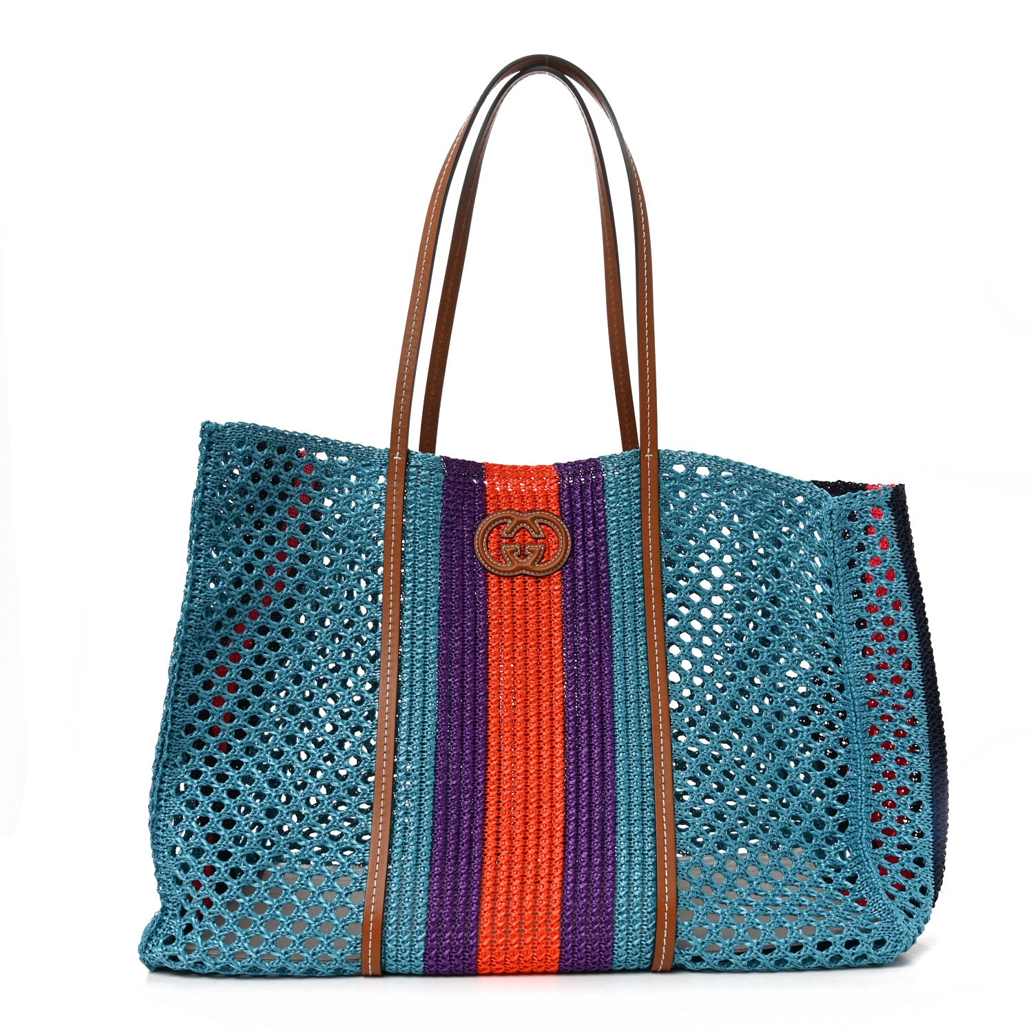 Gucci Raffia Web Woven Interlocking G Tote Blue Multicolor 1 of 10