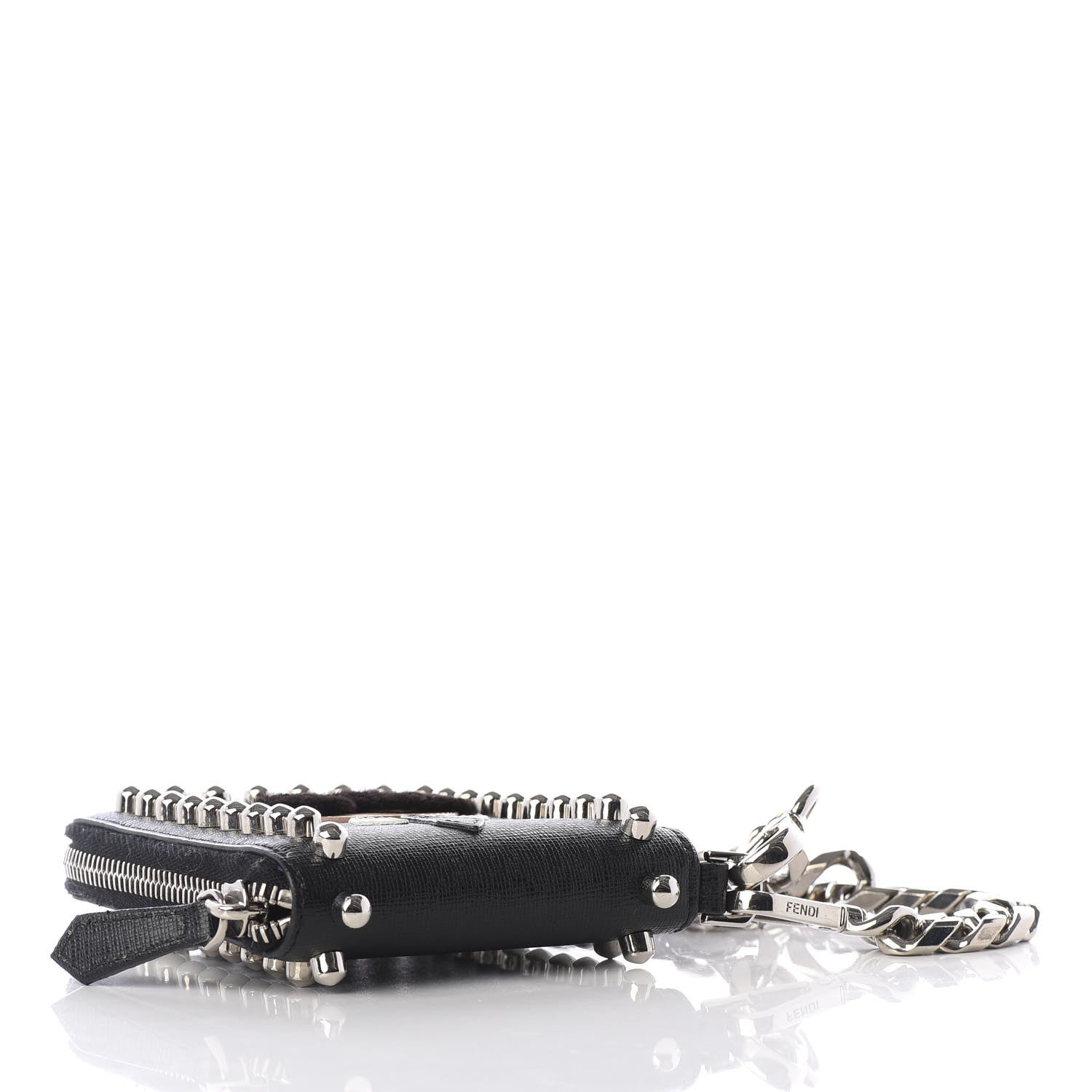 Fendi Vitello Elite Flamingo Mink Karlito Studded Zip Around Chain Wallet Black White Plaster 3 of 7