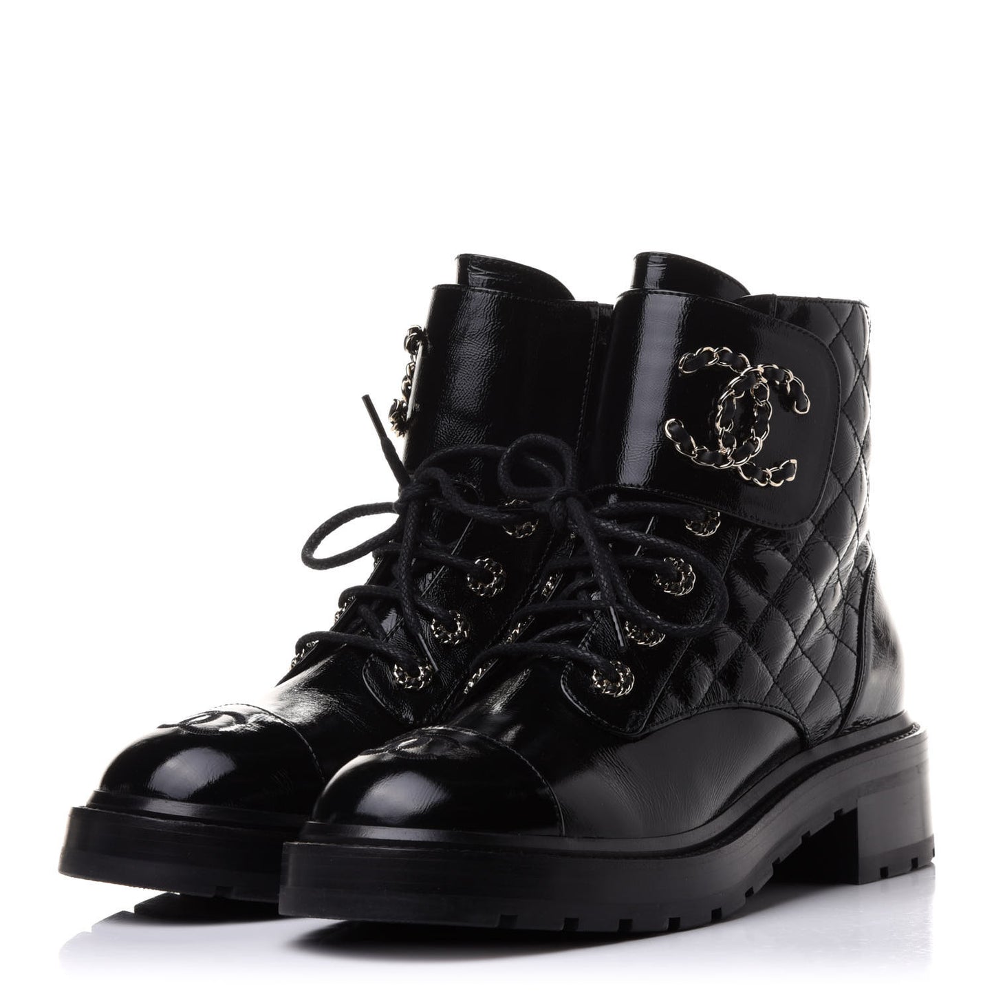 Shiny Calfskin Quilted Lace Up Combat Boots 39 Black