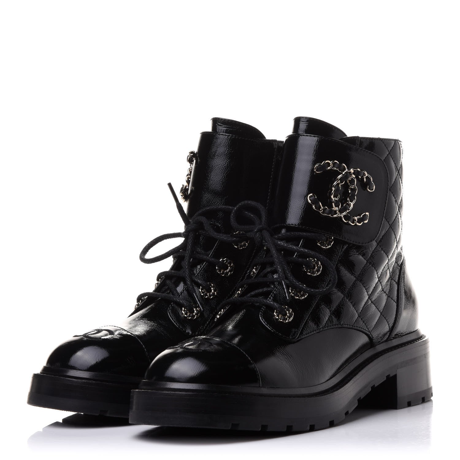 Chanel Shiny Calfskin Quilted Lace Up Combat Boots 39 Black 3 of 9