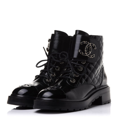 Chanel Shiny Calfskin Quilted Lace Up Combat Boots 39 Black 3 of 9