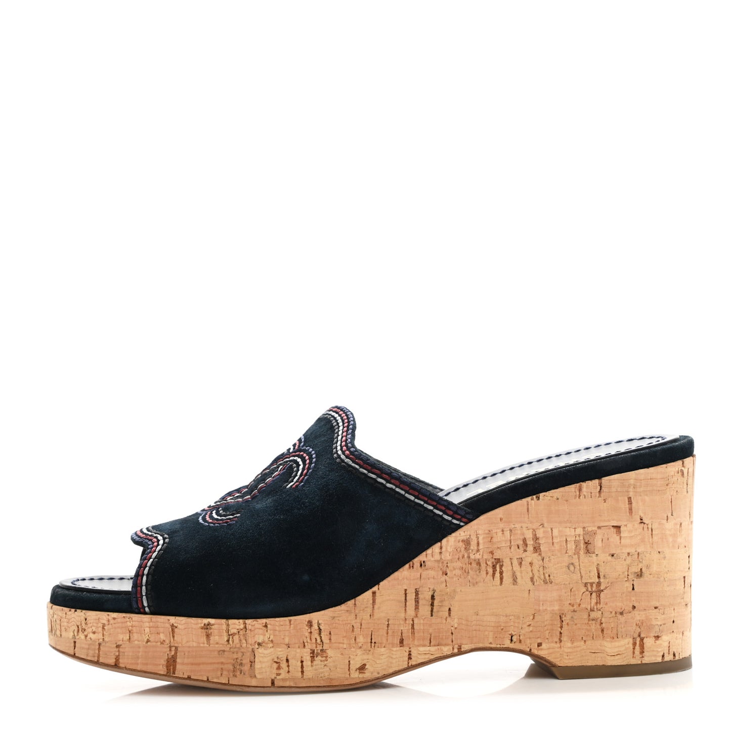Suede Calfskin Cork CC Wedge Sandal 38.5 Navy Blue