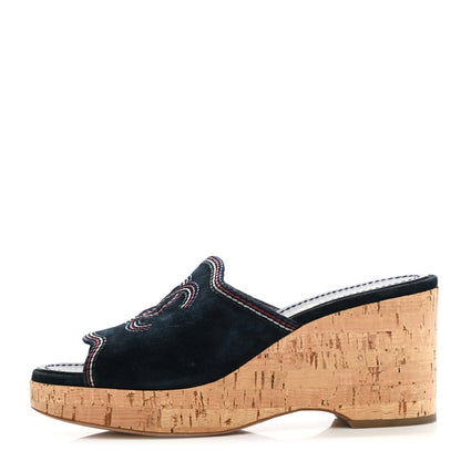 Chanel Suede Calfskin Cork CC Wedge Sandal 38.5 Navy Blue 1 of 10