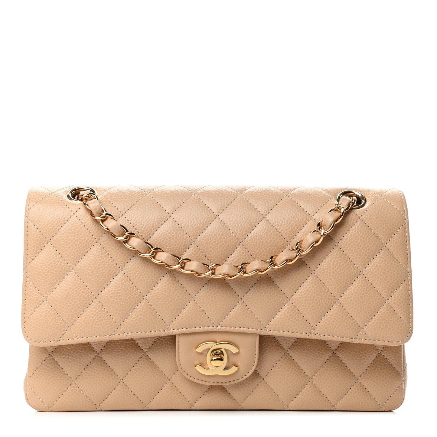Caviar Quilted Medium Double Flap Beige