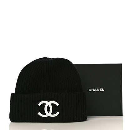 Chanel Wool Cashmere CC Beanie Hat Light Black White 10 of 10