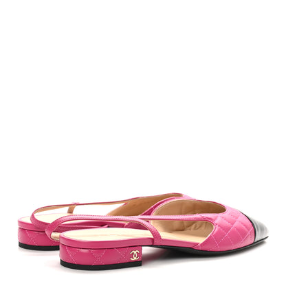 Chanel Lambskin Patent Cap Toe CC Slingback Flats 37.5 Pink Black 5 of 10
