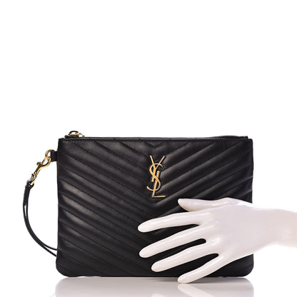 Saint Laurent Calfskin Matelasse Chevron Monogram A5 Wristlet Black 2 of 7