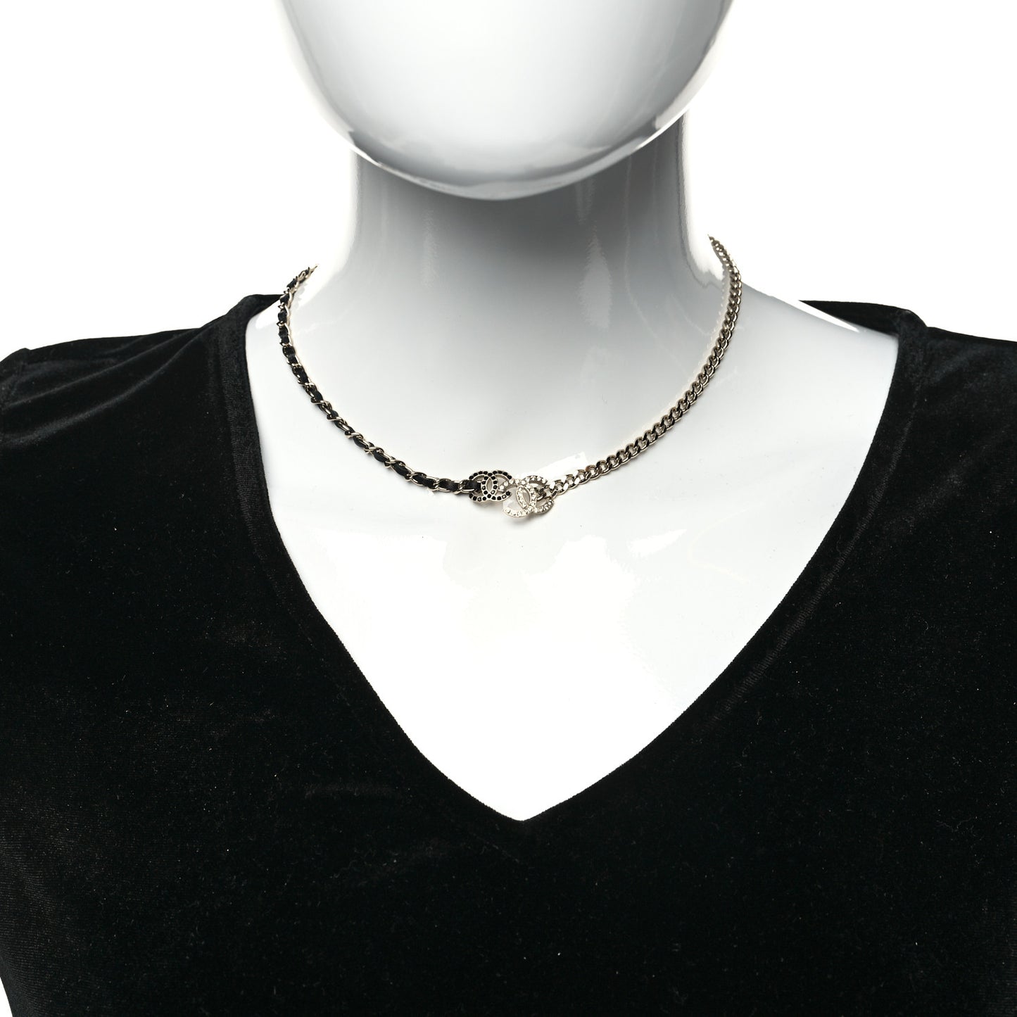 Metal Calfskin Crystal Double CC Short Necklace Black Gold