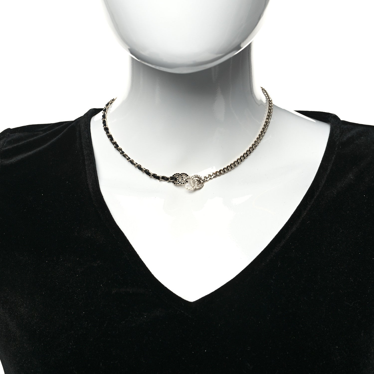 Chanel Metal Calfskin Crystal Double CC Short Necklace Black Gold 2 of 5