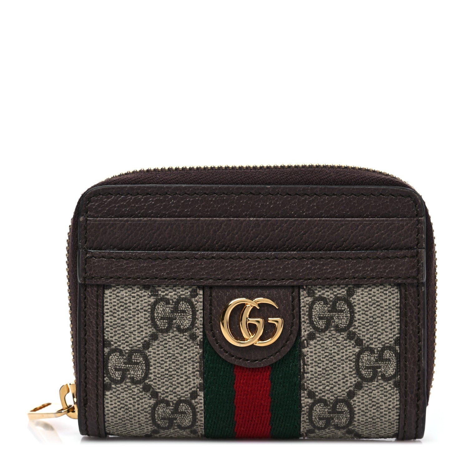 Gucci GG Supreme Monogram Textured Dollar Calfskin Web Ophidia Zip Around Card Case Wallet Beige Ebony New Acero 1 of 7