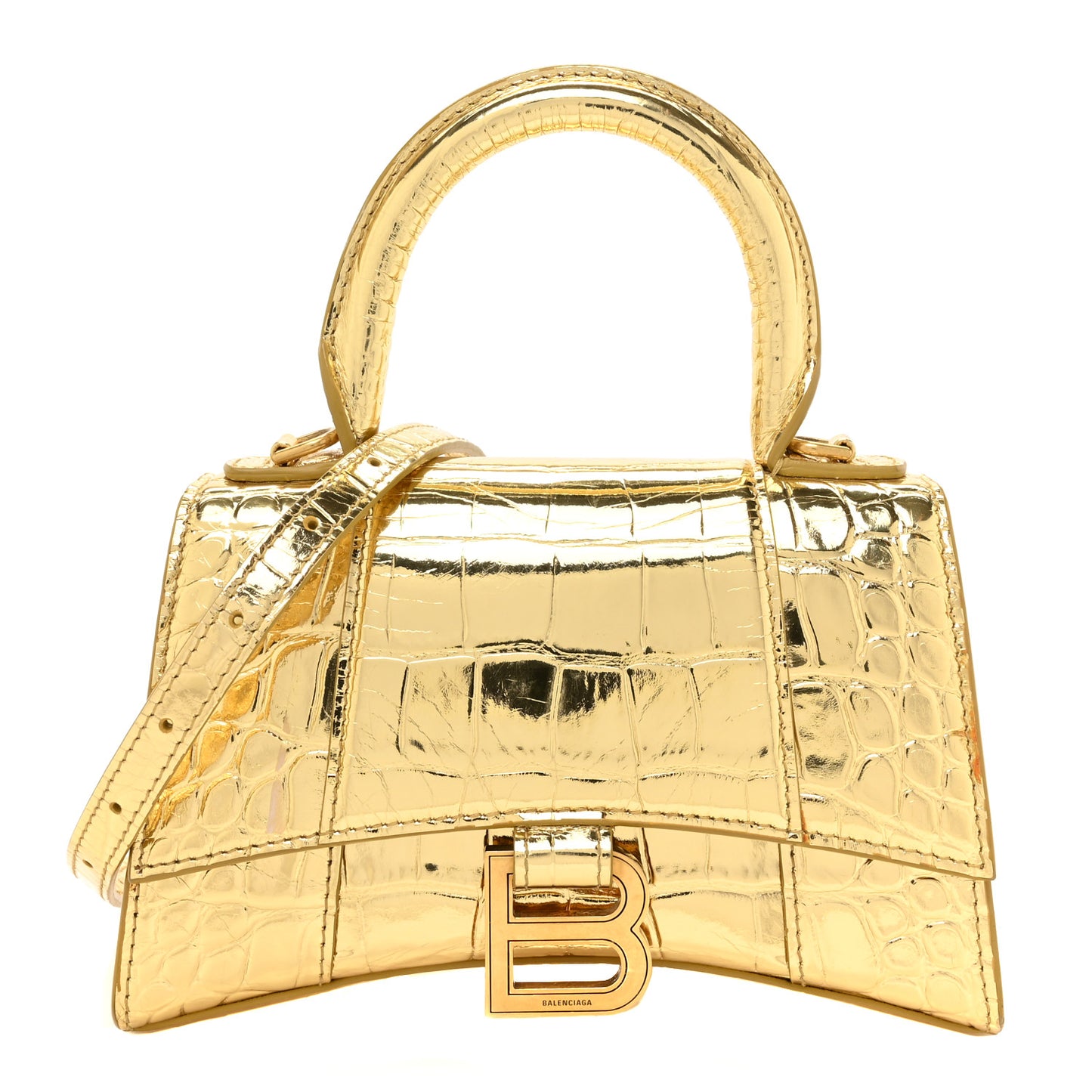 Metallic Calfskin Crocodile Embossed Hourglass Top Handle Bag XS Gold