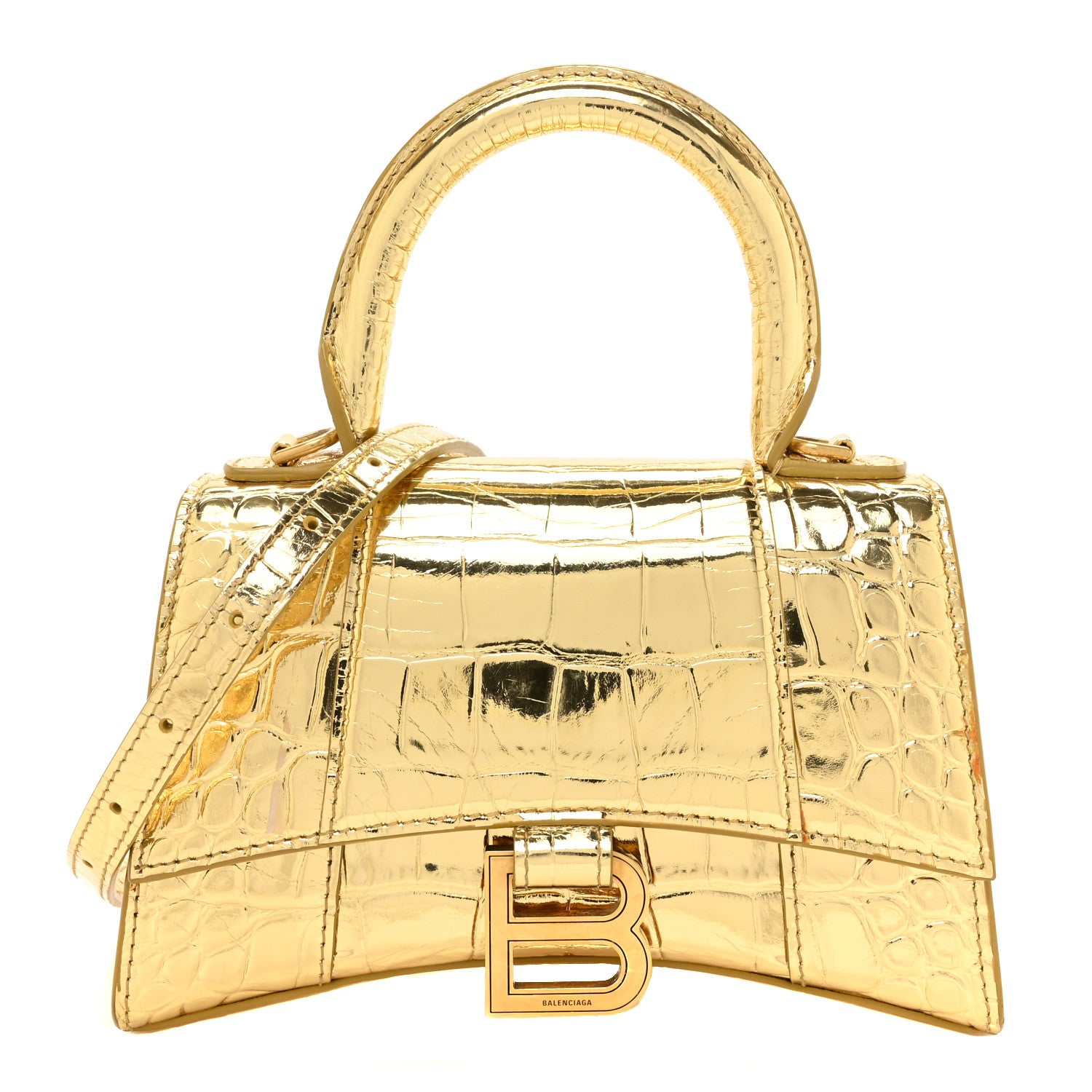Balenciaga Metallic Calfskin Crocodile Embossed Hourglass Top Handle Bag XS Gold 1 of 14