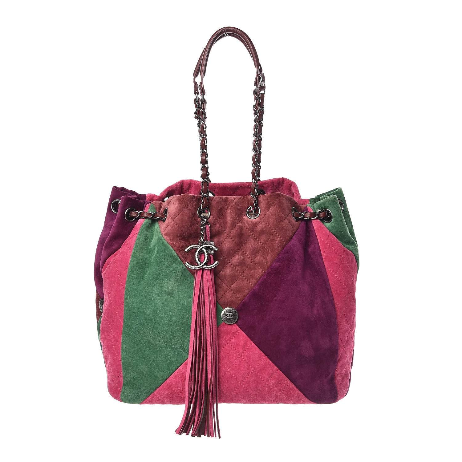 Chanel Suede Quilted Patchwork Drawstring Bag Green Pink Purple Burgundy 1 of 17
