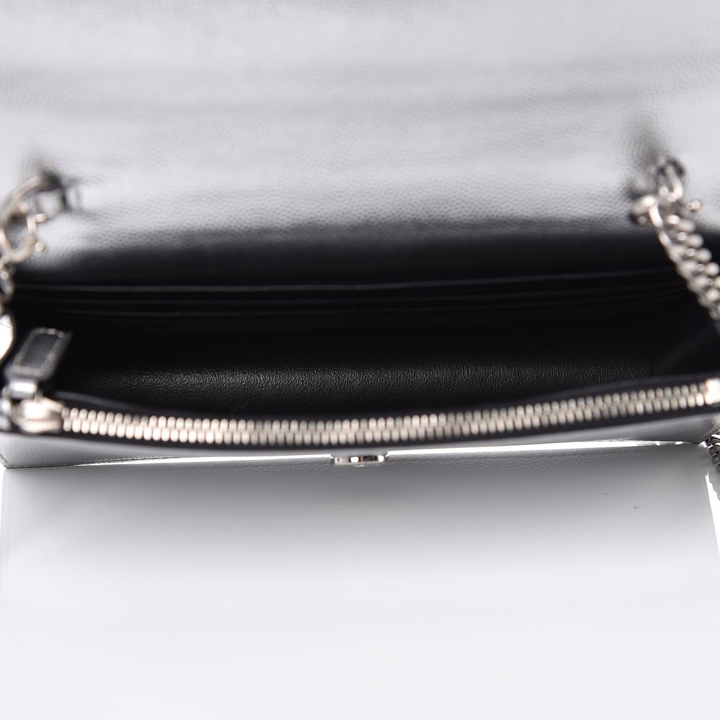 Metallic Grain De Poudre Kate Monogram Tassel Chain Wallet Silver