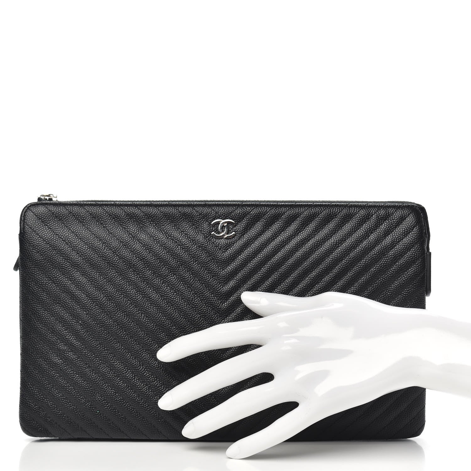 Chanel Caviar Chevron Quilted Large Zipped Clutch Black 2 of 9