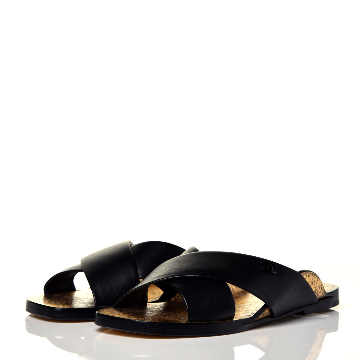 Chanel Lambskin CC Cross Strap Mule Sandals 36 Black Gold 3 of 10