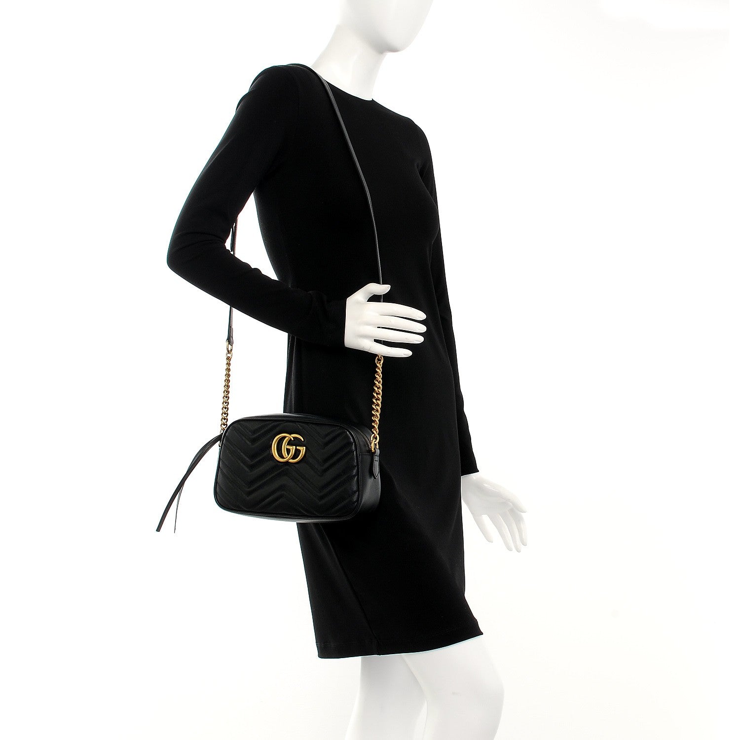 Gucci Calfskin Matelasse Small GG Marmont Chain Shoulder Bag Black 2 of 8