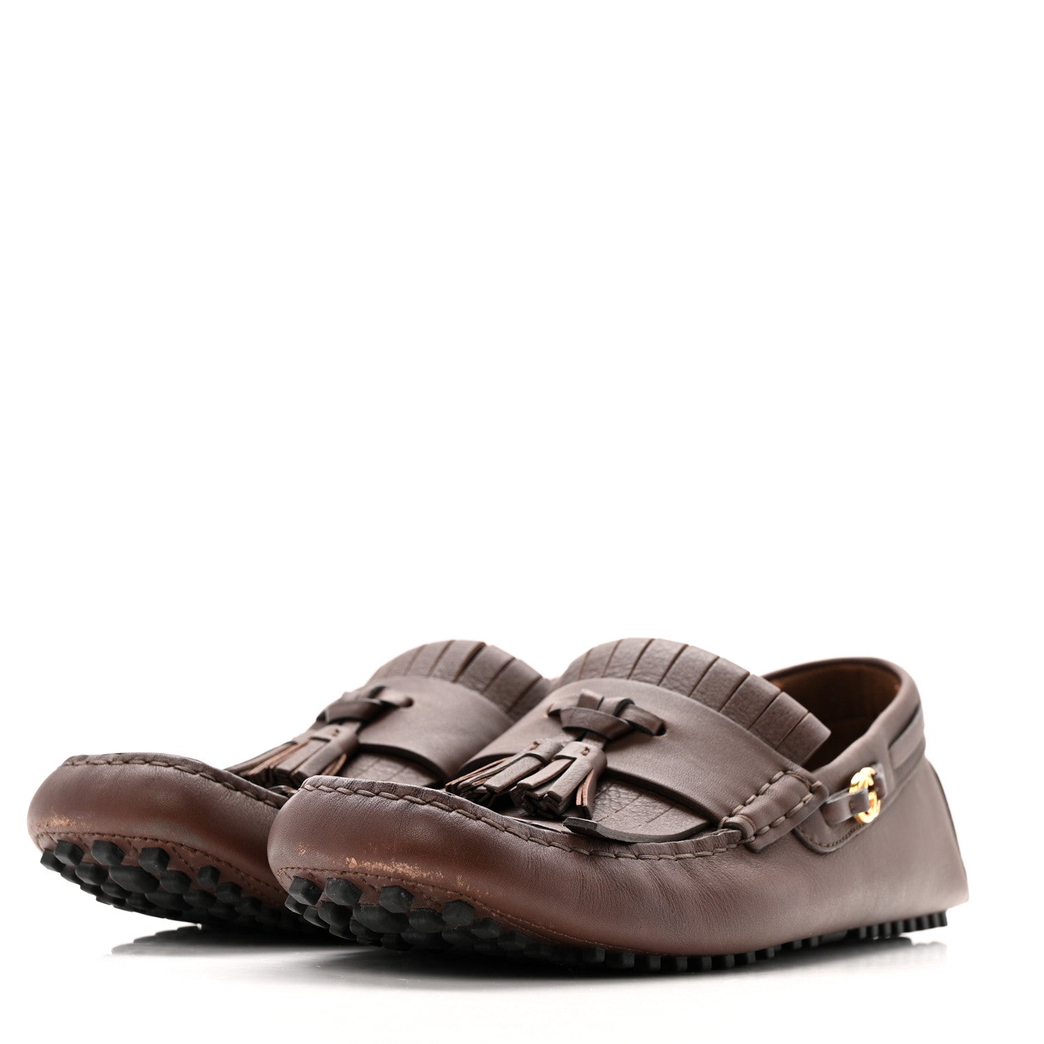 Gucci Calfskin Fringe Interlocking G Mens Driver Loafers 8 Brown 4 of 12