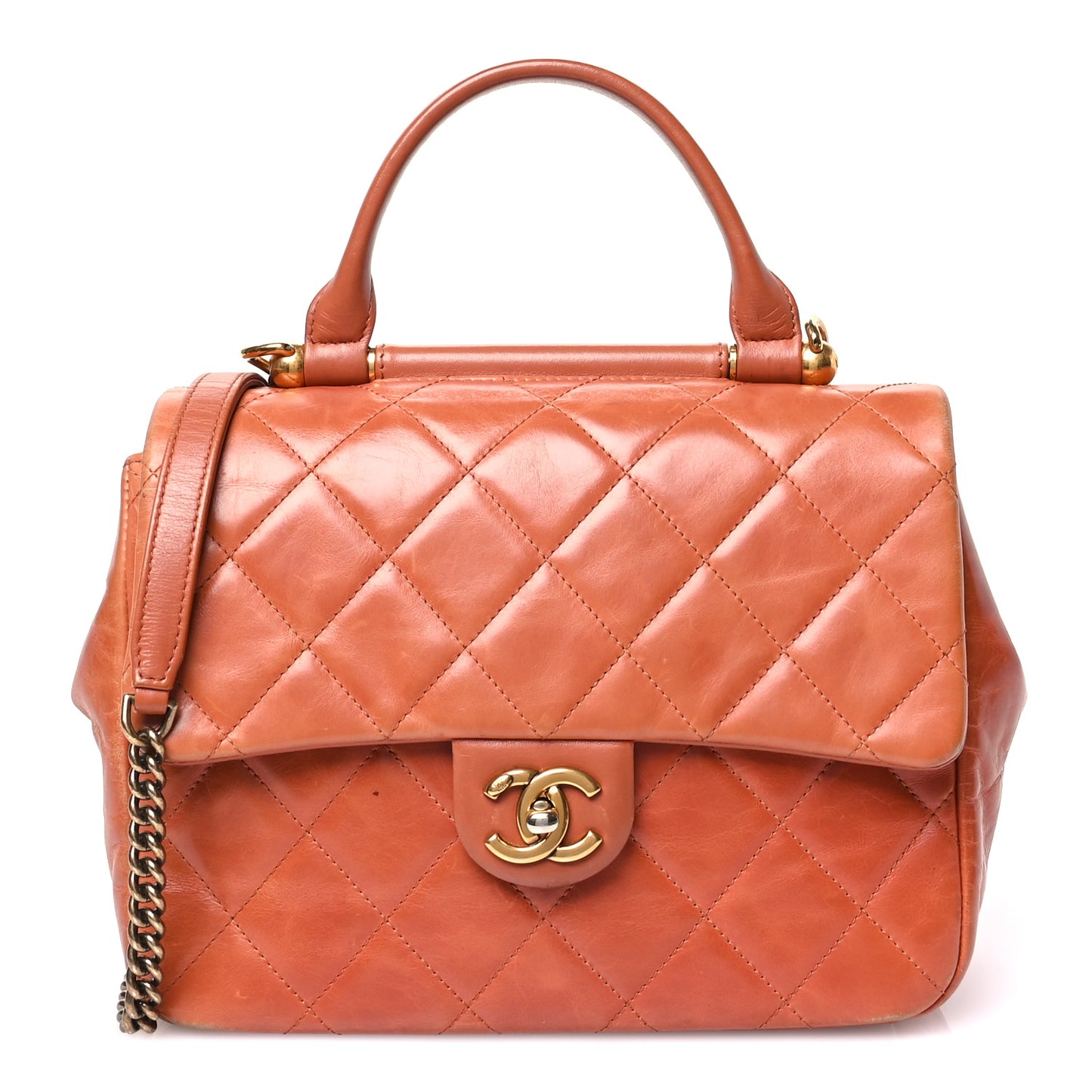 Glazed Calfskin Quilted Medium Gold Bar Top Handle Flap Orange