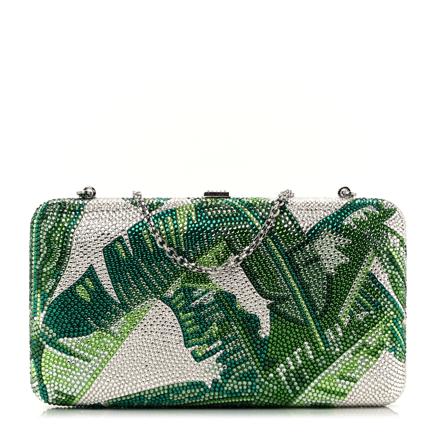 Judith Leiber Crystal Tropic Banana Leaves Minaudiere Clutch Green Silver 1 of 9