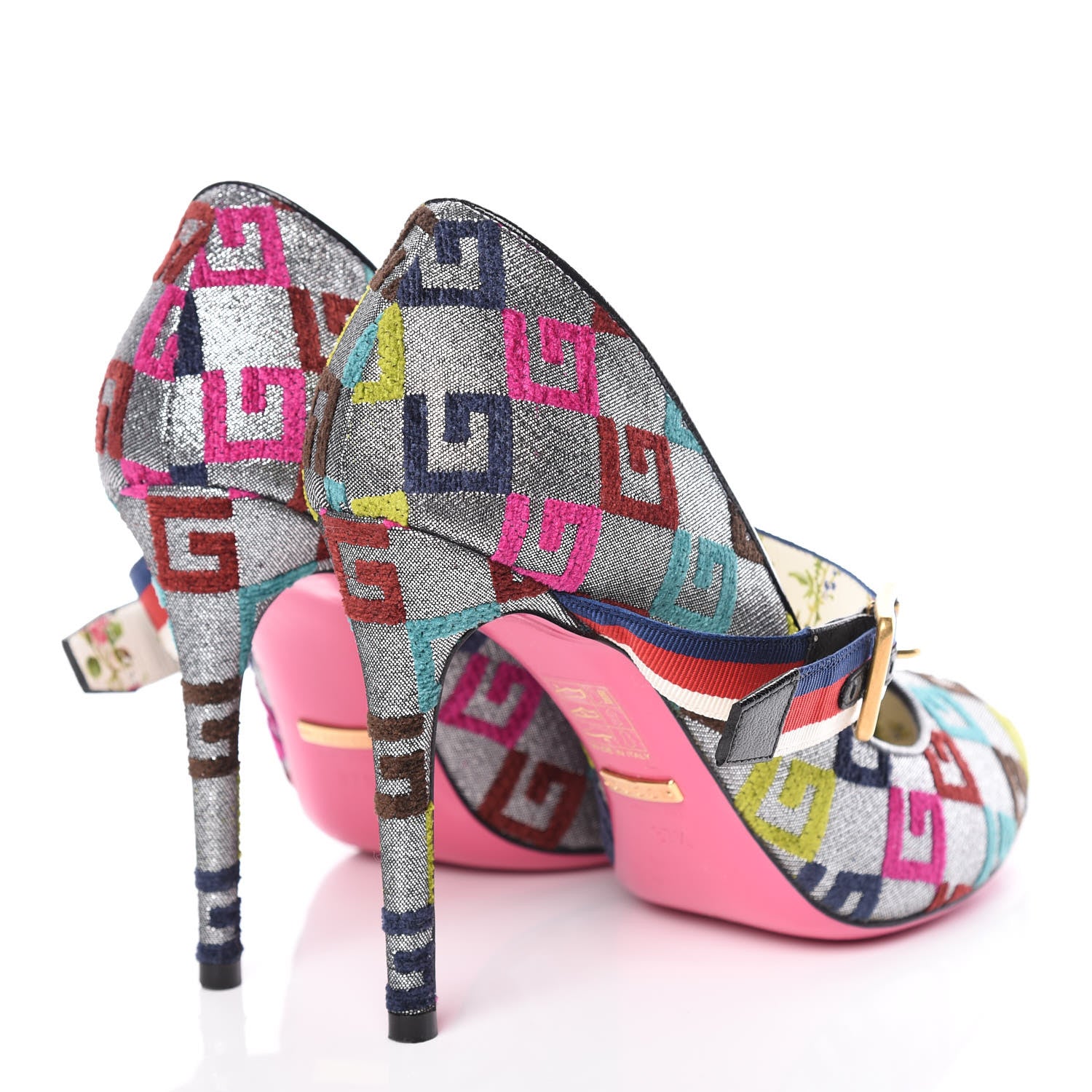 Gucci Velvet Lurex Square G Web Pumps 37.5 Silver Multicolor 4 of 14