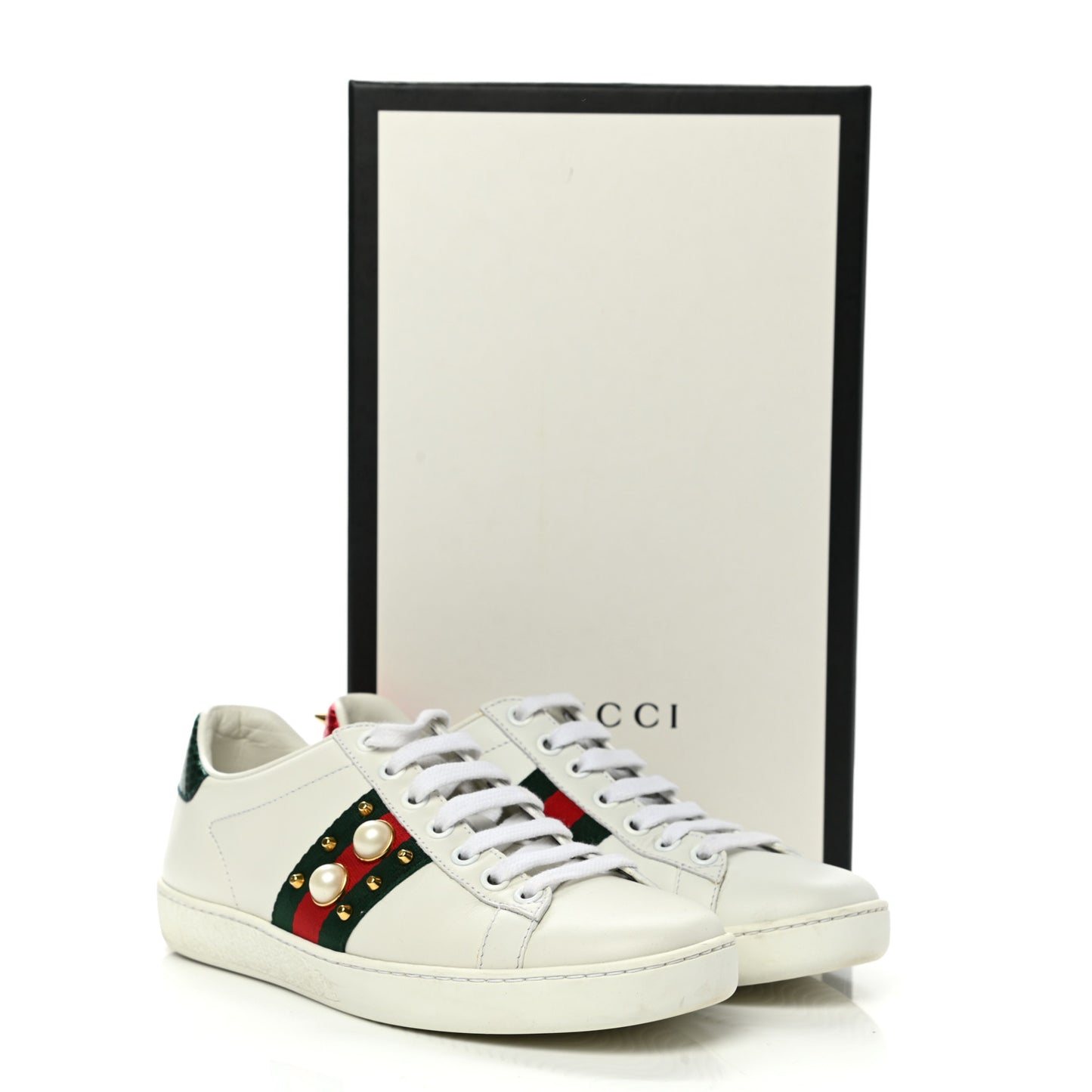 Calfskin Web Pearl Studded Womens Ace Sneakers 35 White