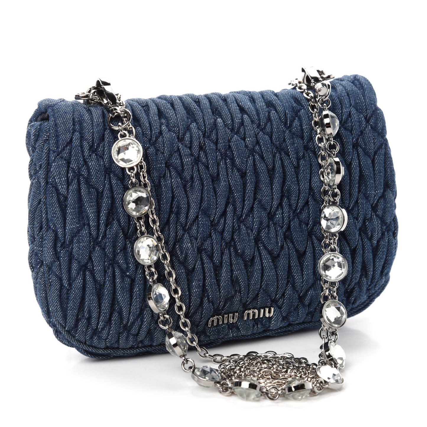 Denim Matelasse Crystal Chain Crossbody Bag Blue
