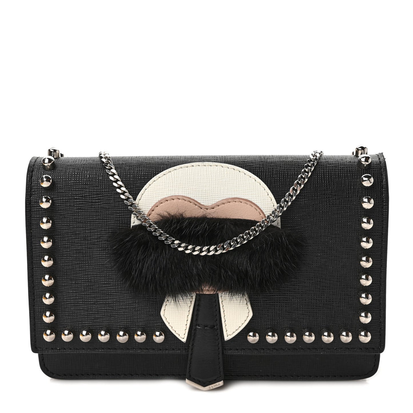 Vitello Elite Mink Fur Studded Karlito Tube Wallet on Chain Black