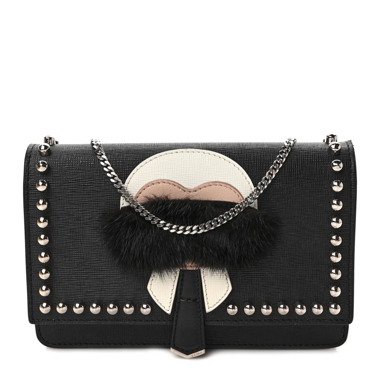 Fendi Vitello Elite Mink Fur Studded Karlito Tube Wallet on Chain Black 1 of 11