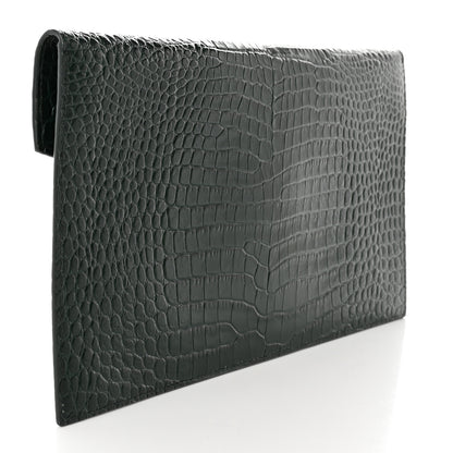 Saint Laurent Calfskin Crocodile Embossed Uptown Monogram Clutch Dark Green 3 of 10