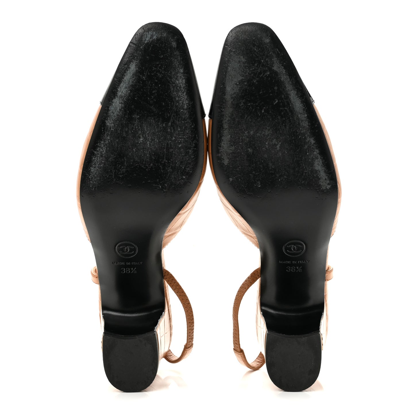 Calfskin Crocodile Embossed Patent Cap Toe CC Slingback Pumps 38.5 Light Brown Black