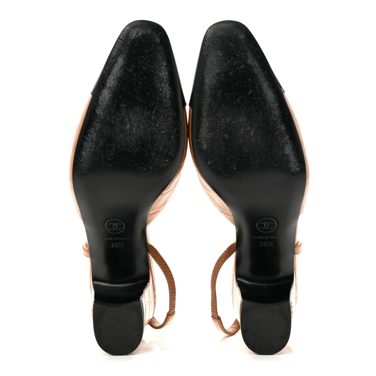 Chanel Calfskin Crocodile Embossed Patent Cap Toe CC Slingback Pumps 38.5 Light Brown Black 6 of 10